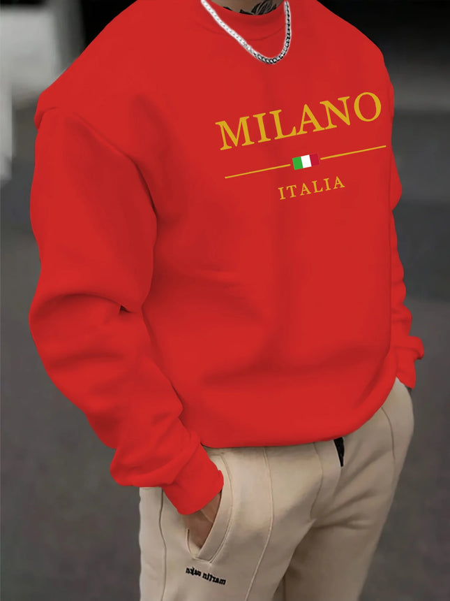 Men's Autumn and Winter Casual Loose Fashion Classic MILANO ITALIA Pattern Printed Long-Sleeved Crew Neck Sweatshirt