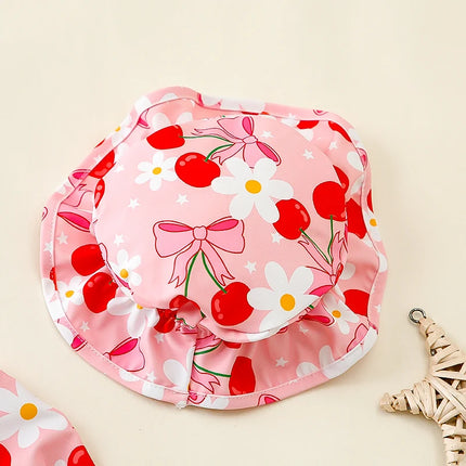 Toddler Girls Long Sleeve Rash Guard Swimsuits with Sun Hat Sets Bow Pattern Zip Up Swimwear Infant Baby Beach Bathing Suits
