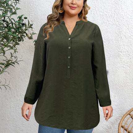 Plus Size Women's Solid Color V Neck Buttoned Long Sleeve Tunic Top Casual Slimming Daily Shirt