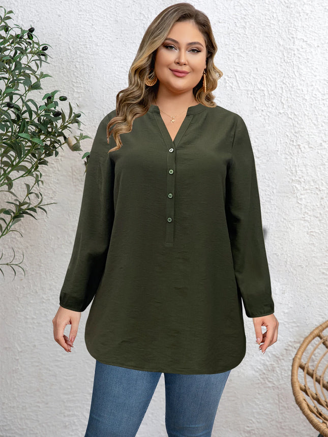 Plus Size Women's Solid Color V Neck Buttoned Long Sleeve Tunic Top Casual Slimming Daily Shirt
