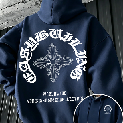 Gothic Letter Cross Pattern Men's Hoodie with Vintage Print, Loose Fit, Suitable for Autumn Winter with A Hooded Pullover Design