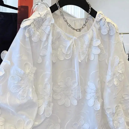 Spring New Flower Embroidered Cotton White Shirt Women Loose Sweet O-neck Long-sleeved Shirts