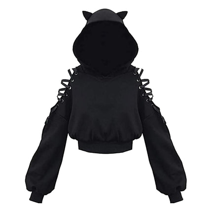 Women Autumn Teen Girls Crop Hoodie Long Sleeve Cold Shoulder Cute Cat Ear Pullovers Hooded Sweatshirt Tops Y2K E-Girls Clothes