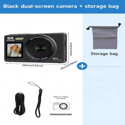 5K Dual Screen Digital Camera 80MP Retro CCD Photographic Cameras 8000W Pixel Auto Focus with 18x Zoom for Kid Adult Photography