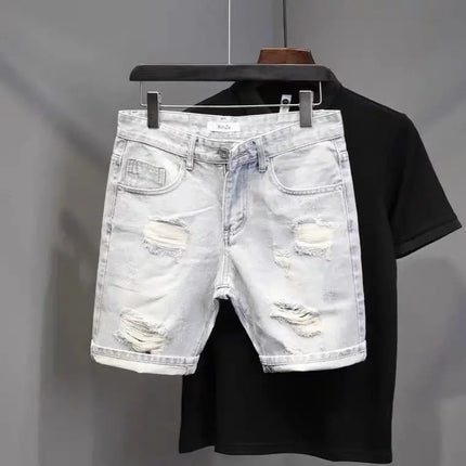 Summer Old Light White Cat Whisker Ripped Denim Four-and-five Pants Men's Slim-fitting Small Feet Versatile Trend Short Pants