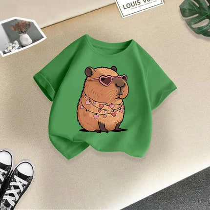 2025 Summer New Cute Animal Kapibala Fashion Printed Children's T-shirt Short Sleeve Fashion Pure Cotton Children's Clothing