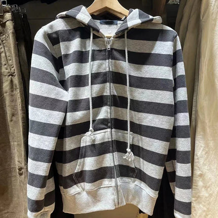Striped Patchwork Zip-up Hoodie Autumn Cotton Pocket Drawstring Hooded Sweatshirt Women Y2k Streetwear Vintage Loose Tops Jacket