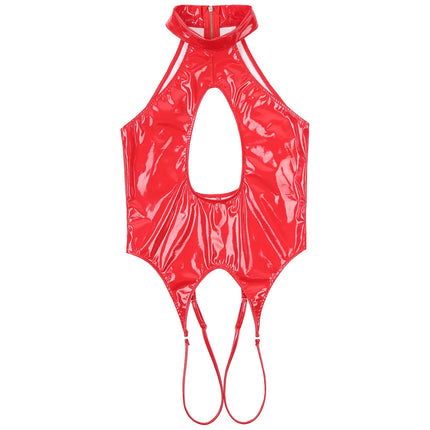 Women's Sexy Open Cup Lingerie Bodysuit Wet Look Patent Leather Cutout Bodycon Crotchless Leotard Nightwear Raves Party Clubwear