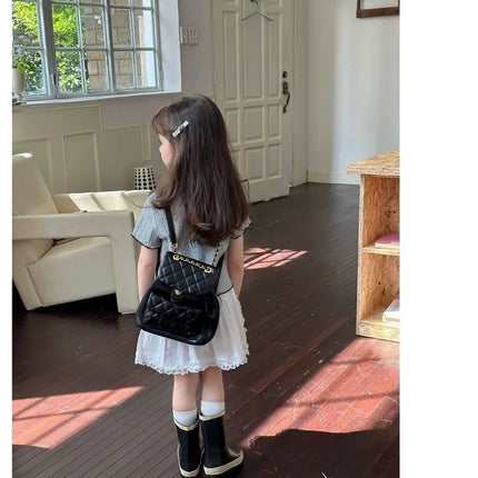 Girls' Ice Silk T-shirt Korean Style Short Sleeve Tops Children's Clothes 2025 Girl Summer Teen Kids Bow Round Neck Solid Tops