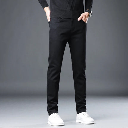 Korean Style Men's Black Slim Fit Straight Jeans Summer Stretch Comfortable Soft Casual Denim Pants for Daily & Streetwear