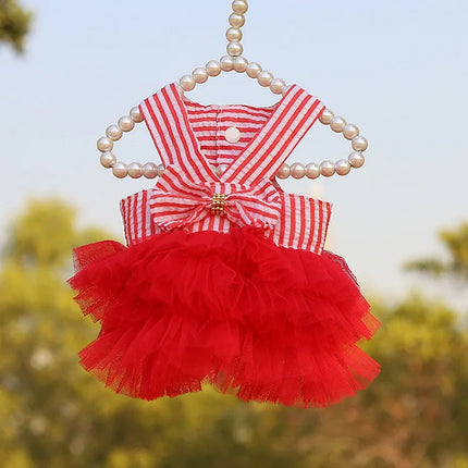 Dog Dress Girls Summer Clothes for Dogs Cat with Bowknot Clips Lace Striped Pet Suspenders Puppy Princess Dresses Dog Tutu Skirt