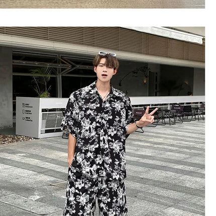 Loose Straight Leg Five-Quarter Beach Pants or Short Sleeve Printed Shirt Beach Travel Men's Fashion Floral Patterned Two-Piece Set