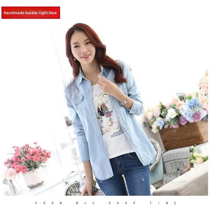 Slim Fit Cotton Denim Shirt Long Sleeve Women's Spring Autumn Summer Student Professional Outerwear Fashionable Casual Top