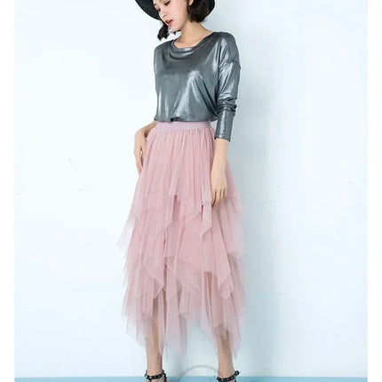 Fashion Summer Tutu Women Skirt Harajuku Tulle Bottom Faldas Casual High Waist Midi Mesh Skirts Woman Clothes Saia Jupe Femme