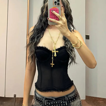 Nibber Folds Sexy Fishbone Strapless Tops Patchwork See Through Skinny Summer Backless Daily Street Versatile Sweet Clothes