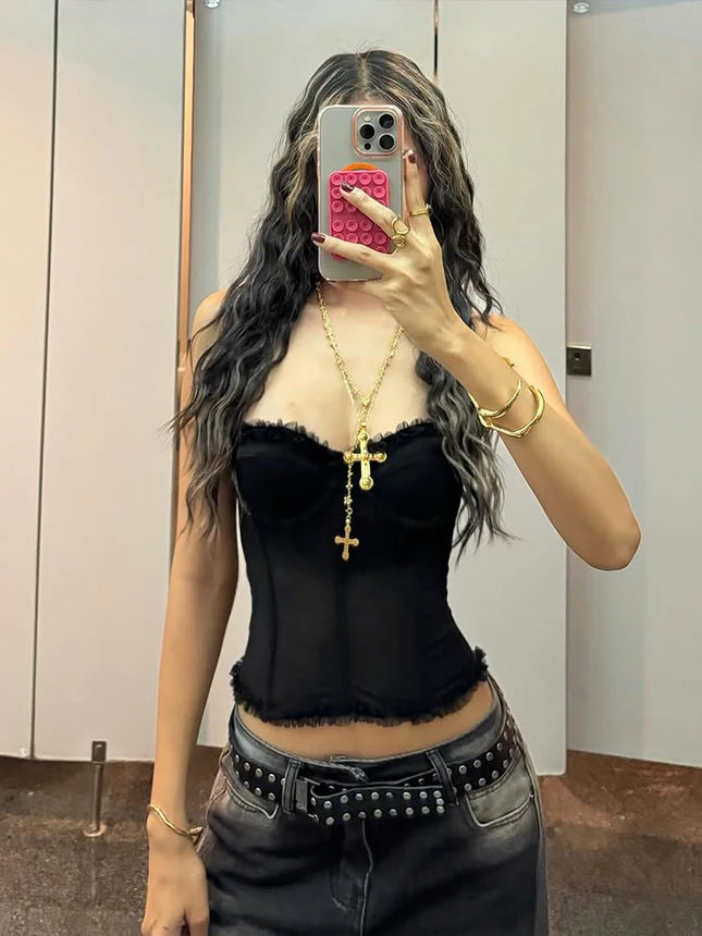 Nibber Folds Sexy Fishbone Strapless Tops Patchwork See Through Skinny Summer Backless Daily Street Versatile Sweet Clothes
