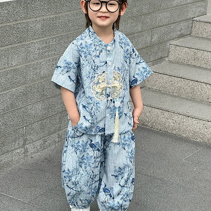 Short Sleeve Tops Shorts 2 Piece Set Boy Outfit Casual Kids Clothes Baby Tang Hanfu Suit Boys Costume Children's Sets Summer
