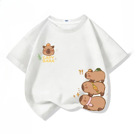 Cartoon Capybara Print Cotton Cool Children's T-shirt Short Sleeve Summer 100% Cotton New Fashion Boys Girls Tee Top Kid Clothes