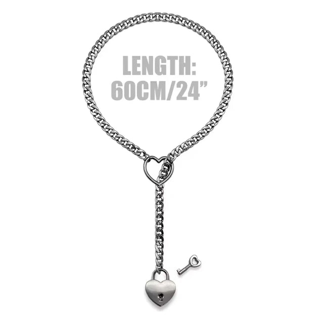 60cm Neck Collar Padlock Chain Necklace Heart O-Ring With Key BDSM Sex Toys For Women Bondage Restraints Erotic Accessories
