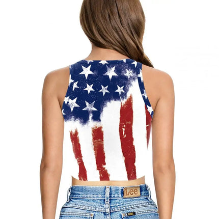 Nadanbao Women's Vest Summer Casual American Flag Tie Dyeing Cropped Tight Sleeveless T-Shirt Streetwear Crop Tops Y2K Tees