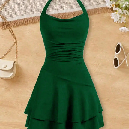 2026 Girls' Fashionable Dress with Waist Cinching and Slimming Effect, Backless Cross Tie Dress, Children's Clothing 1