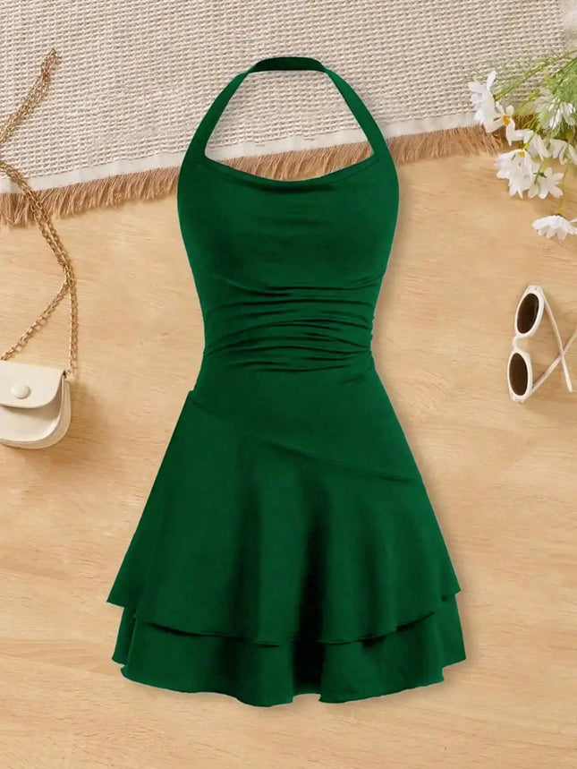 2026 Girls' Fashionable Dress with Waist Cinching and Slimming Effect, Backless Cross Tie Dress, Children's Clothing 1