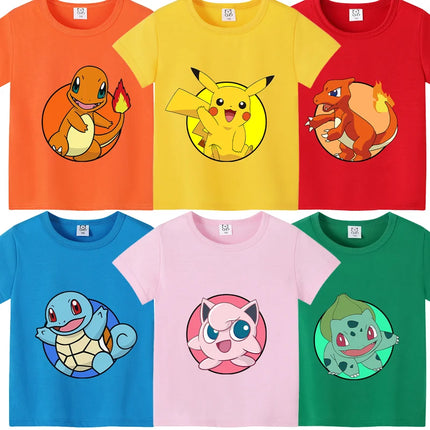 Pokemons Pikachu Cotton T Shirt Psyduck Squirtle Charmander Eevee Tees Shirt Kawaii Cartoon Clothes Boys Girls Summer Tops Gift