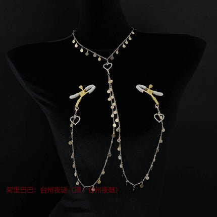 Metal Sequined Heart Nipple with Long Chain Clamps Pair Bells  Chain Clips BDSM Women Toys Adult Sex Games Breast Stimulate 18+