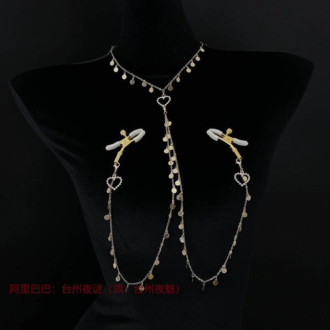 Metal Sequined Heart Nipple with Long Chain Clamps Pair Bells Chain Clips BDSM Women Toys Adult Sex Games Breast Stimulate 18+