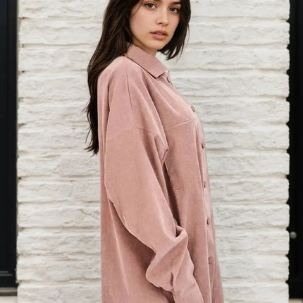 Women's Plus Size Retro Outerwear Collared Shirt Set with Loose Casual Corduroy shirt