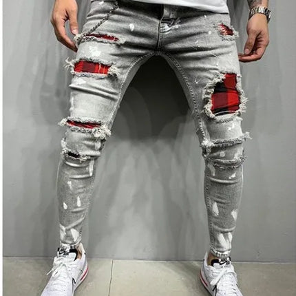 2023 Fashion Street Style Ripped Skinny Jeans Men Vintage wash Solid Denim Trouser Mens Casual Slim fit Black Blue denim Pants
