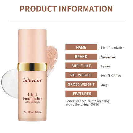 Foundation 4 in 1 - Medium Spectrum with SPF 30+, Longwearing & Waterproof Hydrating Color Changing Foundation Women Cosmetics