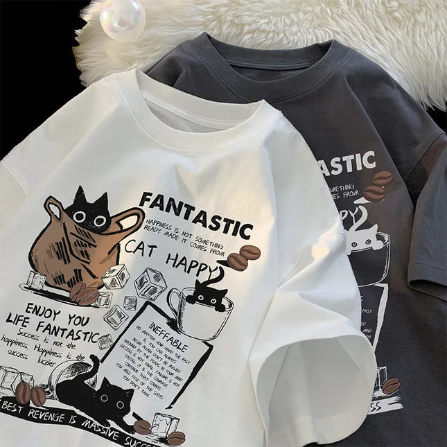New Men Women T-Shirt Pullover Oversize Korean Version Cartoon Cat Group Printed T-Shirt Casual Short Sleeve Couples T-Shirt