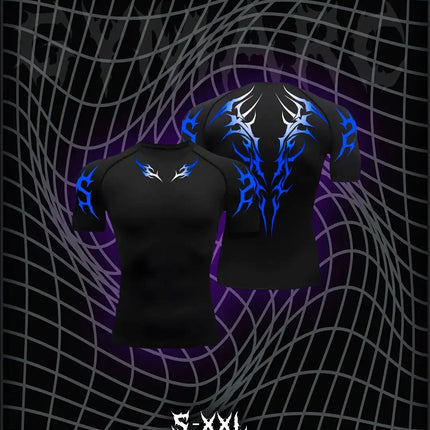 05-Men's Wing & Cross Print Compression Tight Fit Short Sleeve Sports Shirt Workout Tops Gym Compression High Stretch