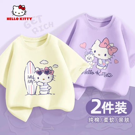 (2 Pieces Per Pack) Sanrio Summer Baby Girls 100% Cotton Clothes Kid Children Girl Hello Kitty Printed T-shirts Short Sleeve Top