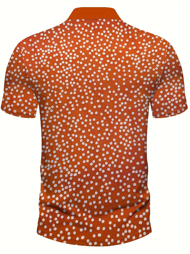 Golf Shirt for Men, Casual Fashion, Sports Collar, Short Sleeved Shirt, Orange White Dot Print, Three Button Classic Polo Golf