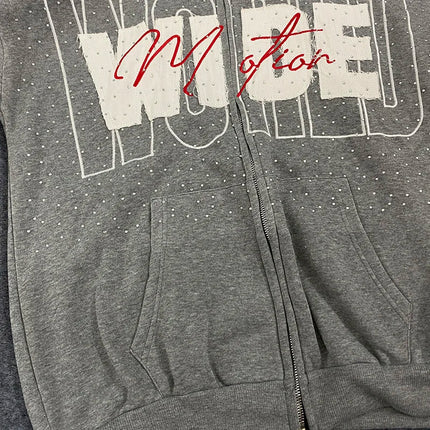 American Casual Sweatshirt Letters Patchwork Women Hoodies Autumn Winter High Street Stars Rhinestone Print Harajuku Zipper Top