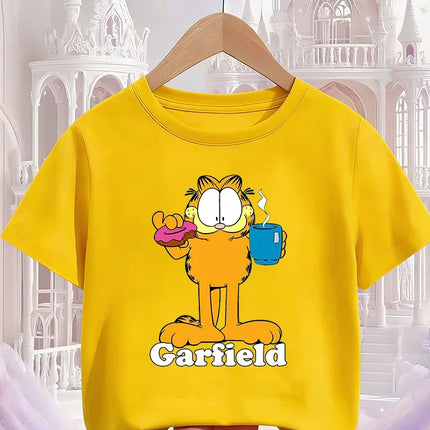 Summer Garfield Fashion T-Shirt Children Boys Girls Cute Kawaii Cartoon Crew Neck Street Casual Wear 3-14T