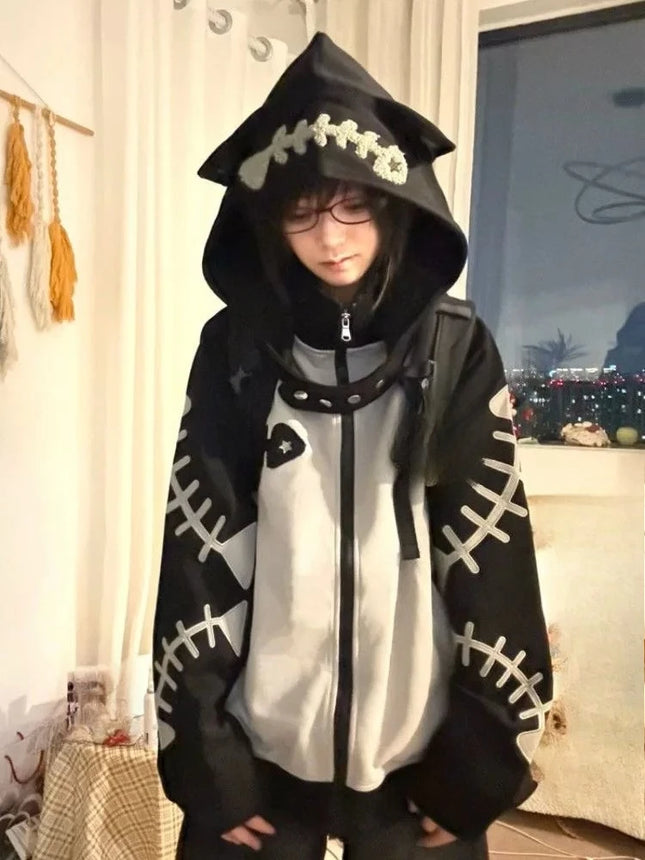 Japanese Kawaii Fish Bone Long Sleeve Detachable Hood Women Zipper Y2k Aesthetic Streetwear Hoodies Harajuku Zipper Sweatshirt