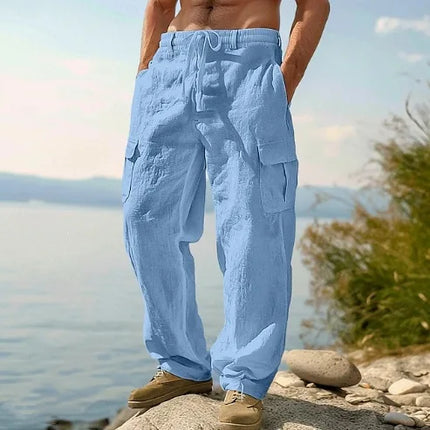 2026 Summer Men'S Cotton And Linen Pants Multiple Pockets Breathable Loose Drawstring Straight Leg Pants Sports And Casual Pants