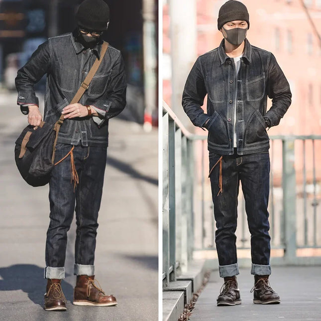 Maden Men's 14oz Raw Selvedge Denim Jeans Vintage Straight Fit Horsehide Leather Patch Paris Buckle Jeans for Autumn and Winter