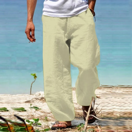 2026 Men's Linen Cotton Straight Tube Breathable Lightweight Beach Style Comfortable Casual Pants for Spring and Summer