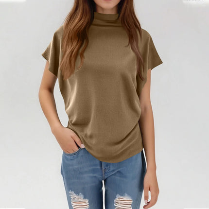 Ladies' New Trendy Fashion Solid Color Soft Turtleneck Top High-End Basic Daily Commute Thin Short Sleeve Pleated Clothing