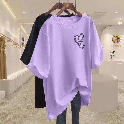Summer 2025 New Elegant Love Print T-shirts Women Clothing Casual Loose Cotton Pullover Office Lady Basic Short Sleeve Top Tees