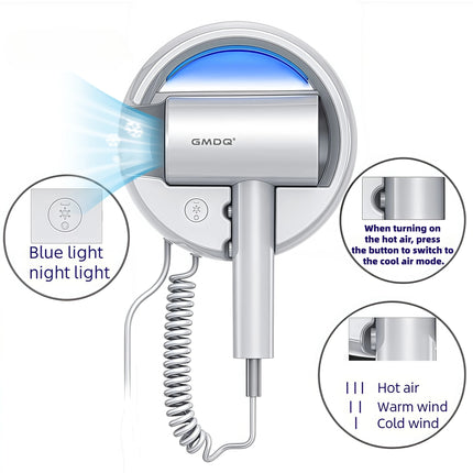 Gmdq European Standard 220V Wall-Mounted Hair Dryer 1800W Blue Light Constant Temperature Quick-Drying Hot and Cold Air Three-Speed Adjustment Hotel and Home Use Hair Dryer