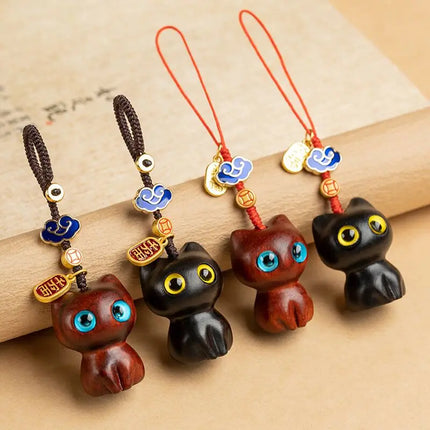 Sandalwood Wooden Cat Keychain Anime Cute Mobile Phone Chain Wooden Pendant Personality Creative Cute Accessories Hand-knitted