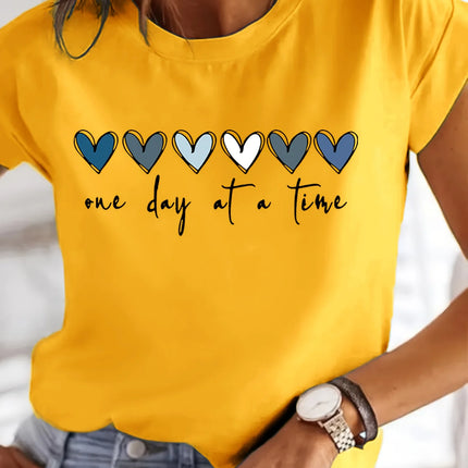 Women'S Casual Graphic T-Shirt - It'S One Day at a Time Heart Print, Short Sleeve Round Neck Top for Spring & Summer