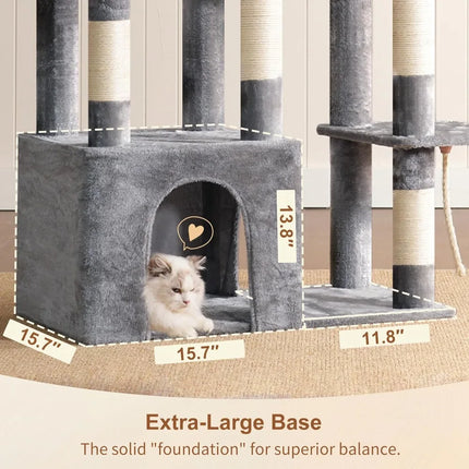Heavy Duty Cat Tree for Indoor Large Adult Cats, Multi-Level Plush Condo with Scratching Posts, Hammock & Toy Balls