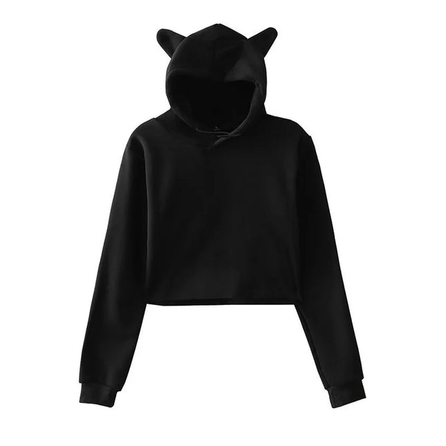 Women's Cat Ears Crop Tops Hot Kawaii Solid Color Cropped Hoodies Women Long Sleeve Sweatshirt Harajuku Streetwear Clothes Femme