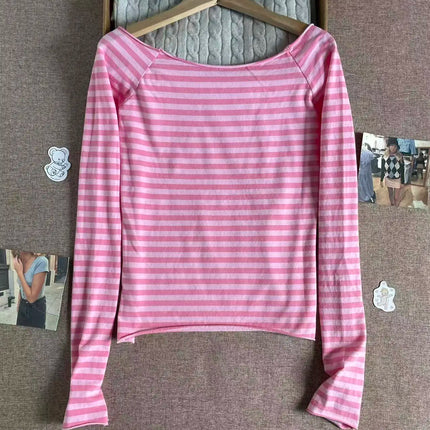Pink Striped Slim Long Sleeve Tees Women Spring Casual Cotton O-neck Tshirt New Tops Clothes Sweet Cute  Vintage T-shirts Y2K